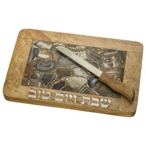 מגש חלה מהודר מעץ מנגו טבעי + אבן אגט עם סכין 41X27 ס"מ